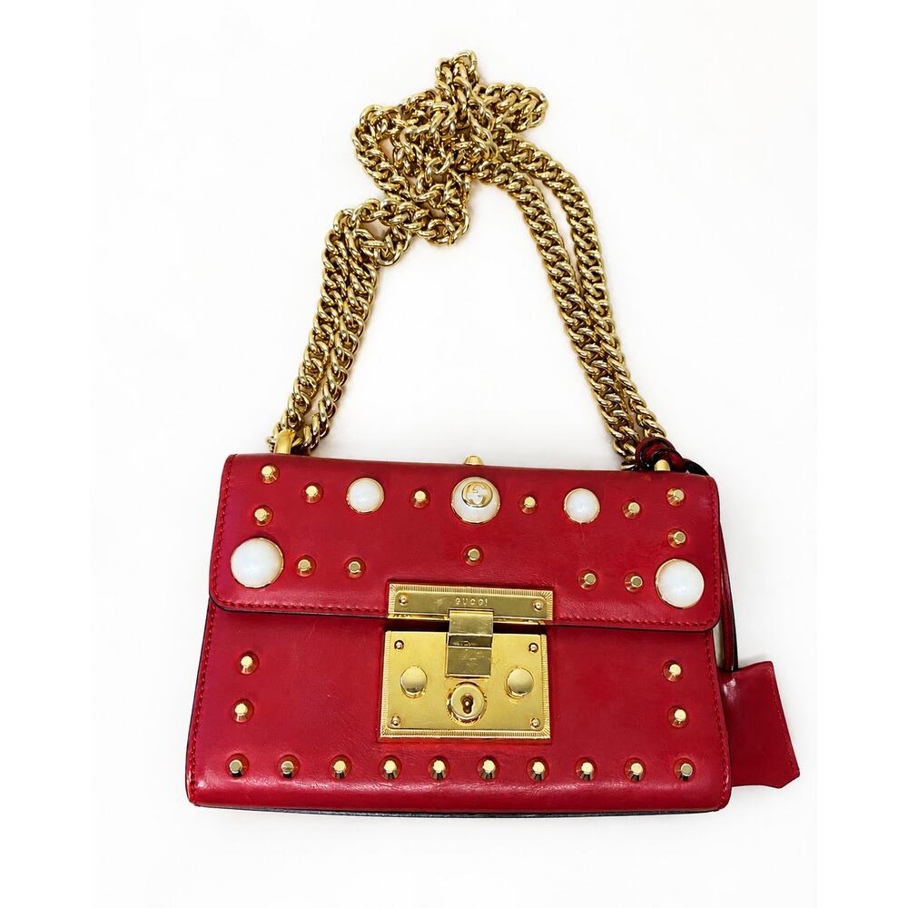 Gucci Red Leather Faux Pearl Stud Padlock Small Chain Shoulder Bag